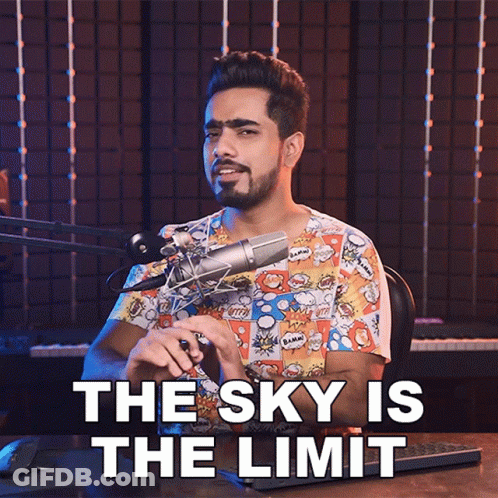 A Man In Front Of A Microphone With The Words The Sky Is The Limit GIF