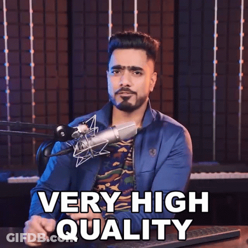 A Man In Front Of A Microphone With The Words Very High Quality Above Him GIF