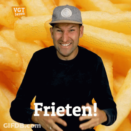 A Man In Front Of A Pile Of French Fries With The Word Frieten On His Chest GIF