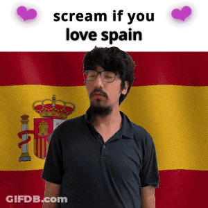 A Man In Front Of A Spanish Flag With The Words Scream If You Love Spain Written On It GIF