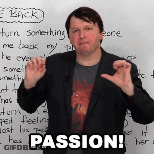 A Man In Front Of A White Board With The Word Passion Written On It GIF