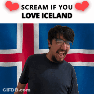 A Man In Front Of An Iceland Flag With The Words Scream If You Love Iceland Above Him GIF