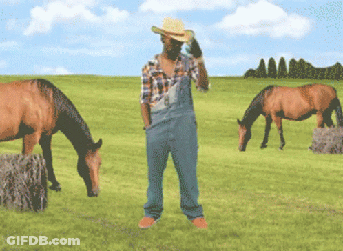 A Man In Overalls And A Cowboy Hat Is Standing In A Field With Horses GIF