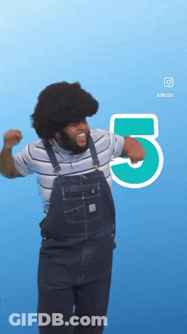 A Man In Overalls Is Dancing In Front Of A Blue Background With The Number 5 On It GIF