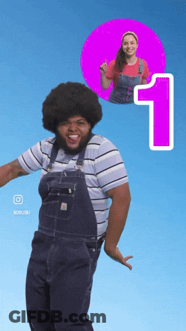 A Man In Overalls Is Dancing With A Woman In A Pink Circle Behind Him With The Number 1 GIF