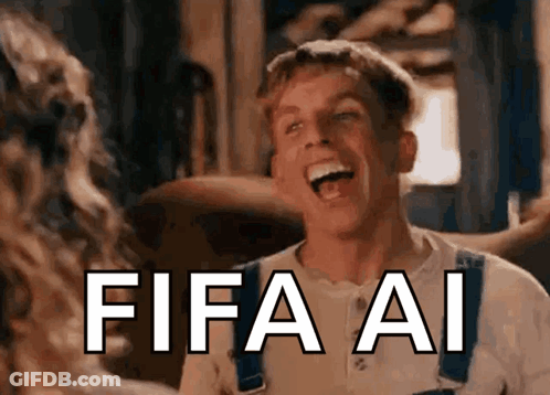 A Man In Overalls Is Laughing And The Word Fifa Ai Is On The Screen Behind Him GIF