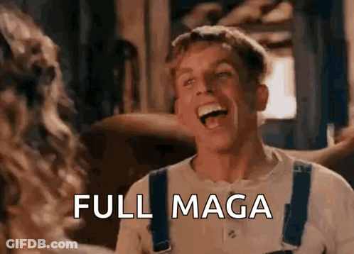 A Man In Overalls Is Laughing With The Words `` Full Maga '' Written Next To Him . GIF