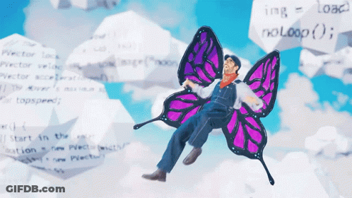 A Man In Overalls Is Sitting On A Purple Butterfly With No Loop Written In The Background GIF