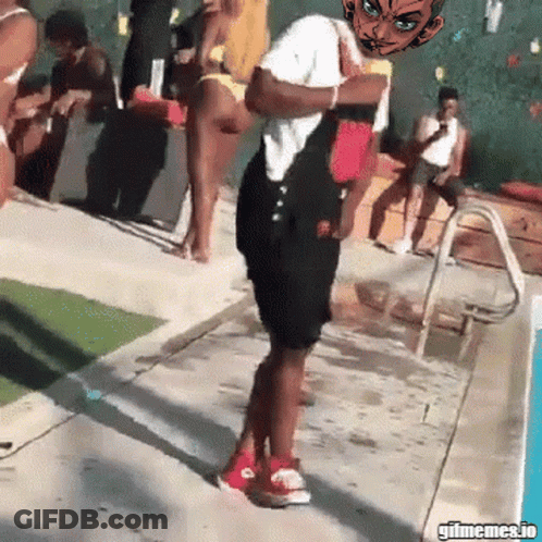 A Man In Overalls Is Standing In Front Of A Pool With A Cartoon Character On His Head GIF