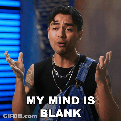 A Man In Overalls Says " My Mind Is Blank " In Front Of A Blue Background GIF