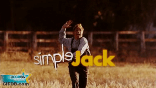 A Man In Overalls Stands In A Field With Simple Jack Written On The Bottom GIF