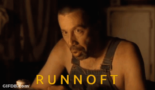 A Man In Overalls With The Word Runnoff In Yellow GIF