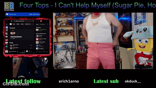 A Man In Pink Pants Is Standing In Front Of A Screen That Says Four Tops I Can 'T Help Myself GIF