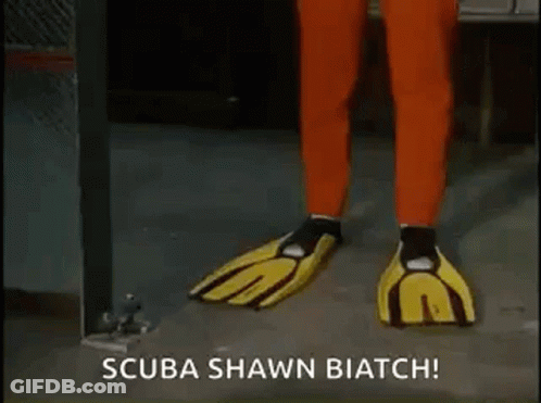 A Man In Red Pants And Yellow Gloves Says Scuba Shawn Biatch GIF