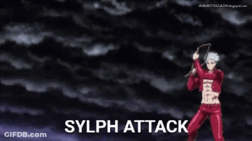 A Man In Red Pants Is Standing In Front Of A Cloudy Sky With The Words Sylph Attack Written On The Bottom GIF
