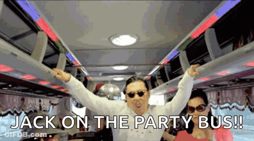 A Man In Sunglasses Is Dancing On A Party Bus With The Words Jack On The Party Bus Written Below Him GIF