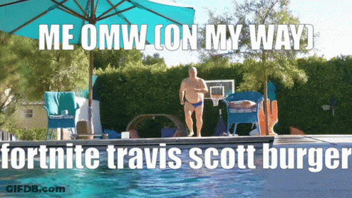 A Man In Swim Trunks Is Standing In A Pool With The Caption " Me Omw On My Way " GIF