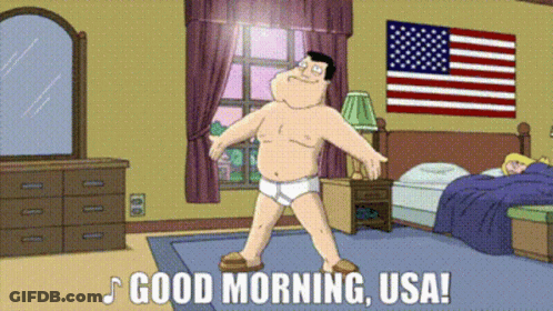 A Man In Underwear Is Dancing In A Bedroom With The Words " Good Morning Usa " Below Him GIF