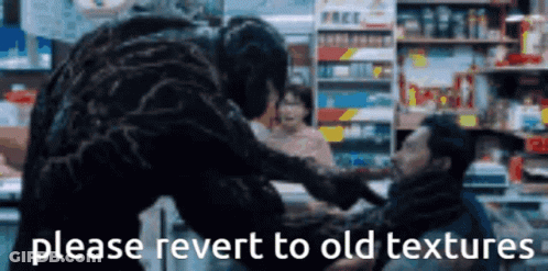 A Man Is Being Attacked By A Monster In A Store With The Words Please Revert To Old Textures Below Him . GIF