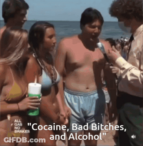 A Man Is Being Interviewed On The Beach With The Words " Cocaine Bad Bitches Alcohol " GIF