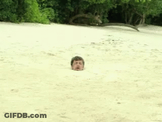 A Man Is Buried In The Sand On The Beach GIF