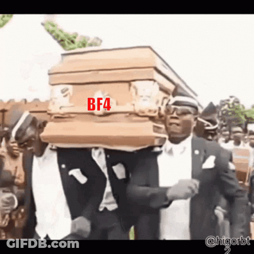 A Man Is Carrying A Coffin With The Word Bf4 Written On It GIF