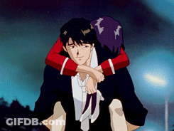 A Man Is Carrying A Girl On His Shoulders In A Cartoon GIF