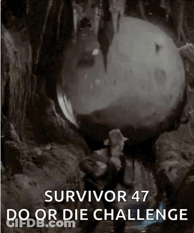 A Man Is Carrying A Large Rock In A Cave With The Words Survivor 47 Do Or Die Challenge On The Bottom . GIF