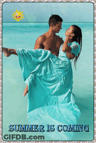 A Man Is Carrying A Woman In His Arms With The Words Summer Is Coming Below Them GIF