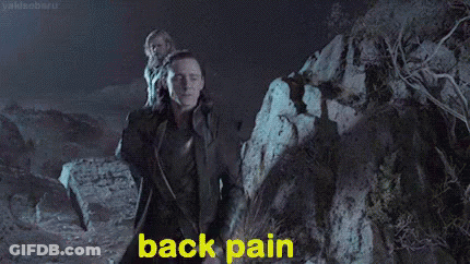 A Man Is Carrying A Woman On His Shoulders And The Words `` Back Pain '' Are Written On The Screen . GIF