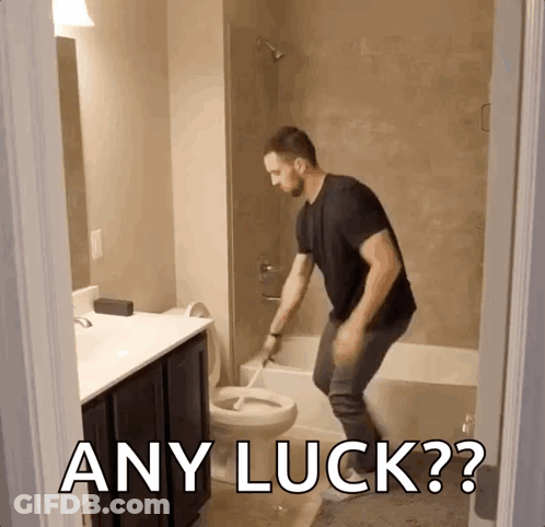 A Man Is Cleaning A Toilet In A Bathroom With The Words Any Luck Written Above Him . GIF