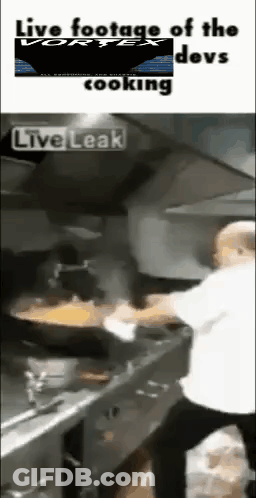 A Man Is Cooking In A Kitchen With The Words Live Footage Of The Devs Cooking On The Bottom GIF