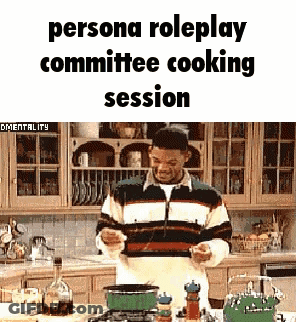 A Man Is Cooking In A Kitchen With The Words Persona Roleplay Committee Cooking Session Below Him . GIF