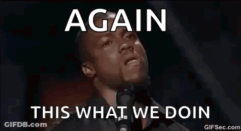A Man Is Crying In Front Of A Microphone With The Words `` Again This What We Doin '' Written On It . GIF