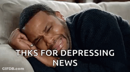 A Man Is Crying While Laying On A Couch With The Words `` Thks For Depressing News '' Written Above Him . GIF