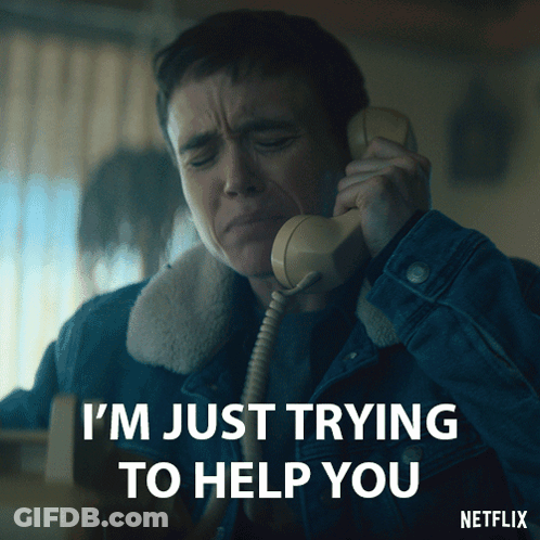 A Man Is Crying While Talking On A Telephone With The Words I 'M Just Trying To Help You Below Him GIF