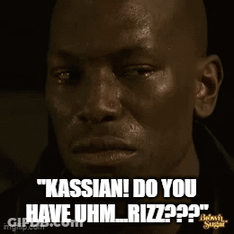 A Man Is Crying With A Caption That Says " Kassian Do You Have Uhm Riz " GIF