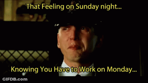 A Man Is Crying With The Words That Feeling On Sunday Night Knowing You Have To Work On Monday Below Him GIF