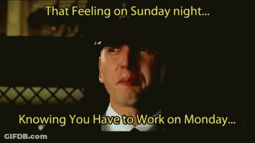 A Man Is Crying With The Words That Feeling On Sunday Night Knowing You Have To Work On Monday Below Him GIF