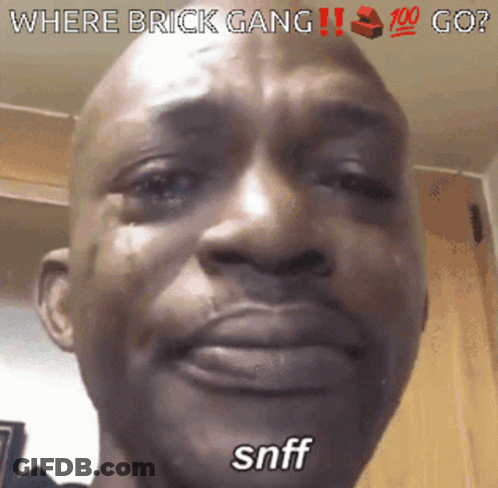 A Man Is Crying With The Words Where Brick Gang Go GIF