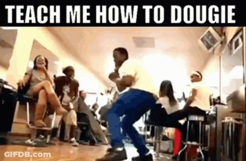 A Man Is Dancing In A Barber Shop With A Group Of People Sitting In Chairs . GIF