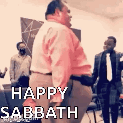 A Man Is Dancing In A Church With The Words `` Happy Sabbath '' Written On The Bottom . GIF