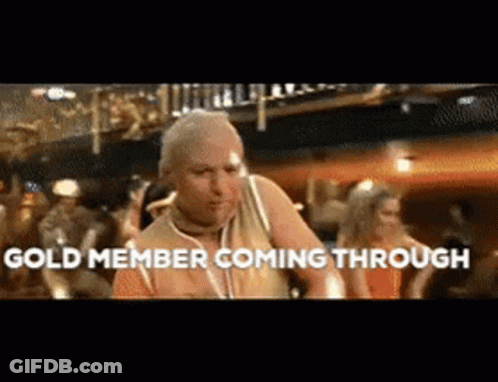 A Man Is Dancing In A Club With The Words Gold Member Coming Through Written On The Bottom GIF