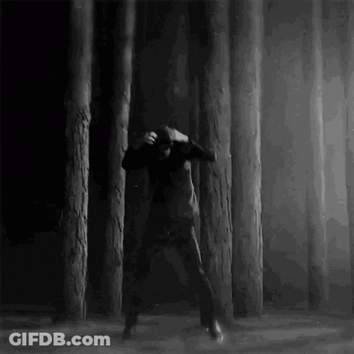 A Man Is Dancing In A Dark Forest Surrounded By Trees . GIF
