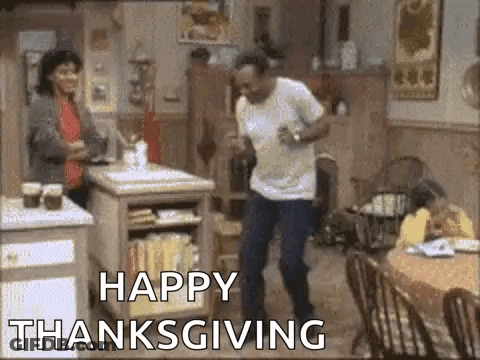 A Man Is Dancing In A Kitchen With The Words `` Happy Thanksgiving '' Written Below Him . GIF
