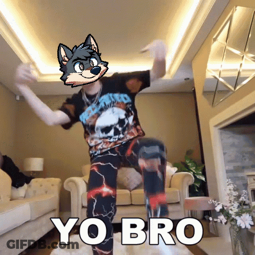 A Man Is Dancing In A Living Room With A Picture Of A Wolf And The Words Yo Bro GIF