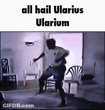 A Man Is Dancing In A Living Room With The Words All Hail Ularius Ularium On The Bottom GIF