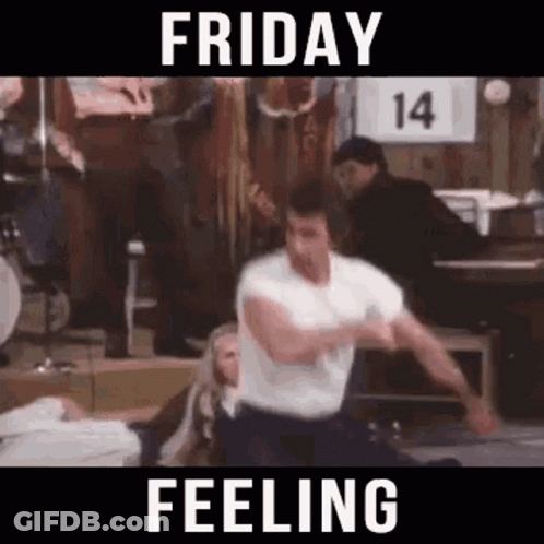 A Man Is Dancing In A Room With A Sign That Says `` Friday Feeling '' . GIF