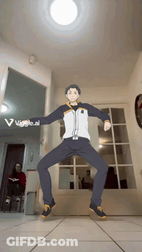 A Man Is Dancing In A Room With A Woman Sitting In The Background And The Words Wiggle.ai On The Bottom GIF