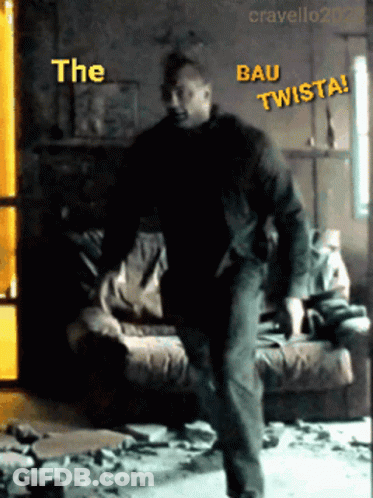 A Man Is Dancing In A Room With The Words " The Bau Twista " Written Above Him GIF